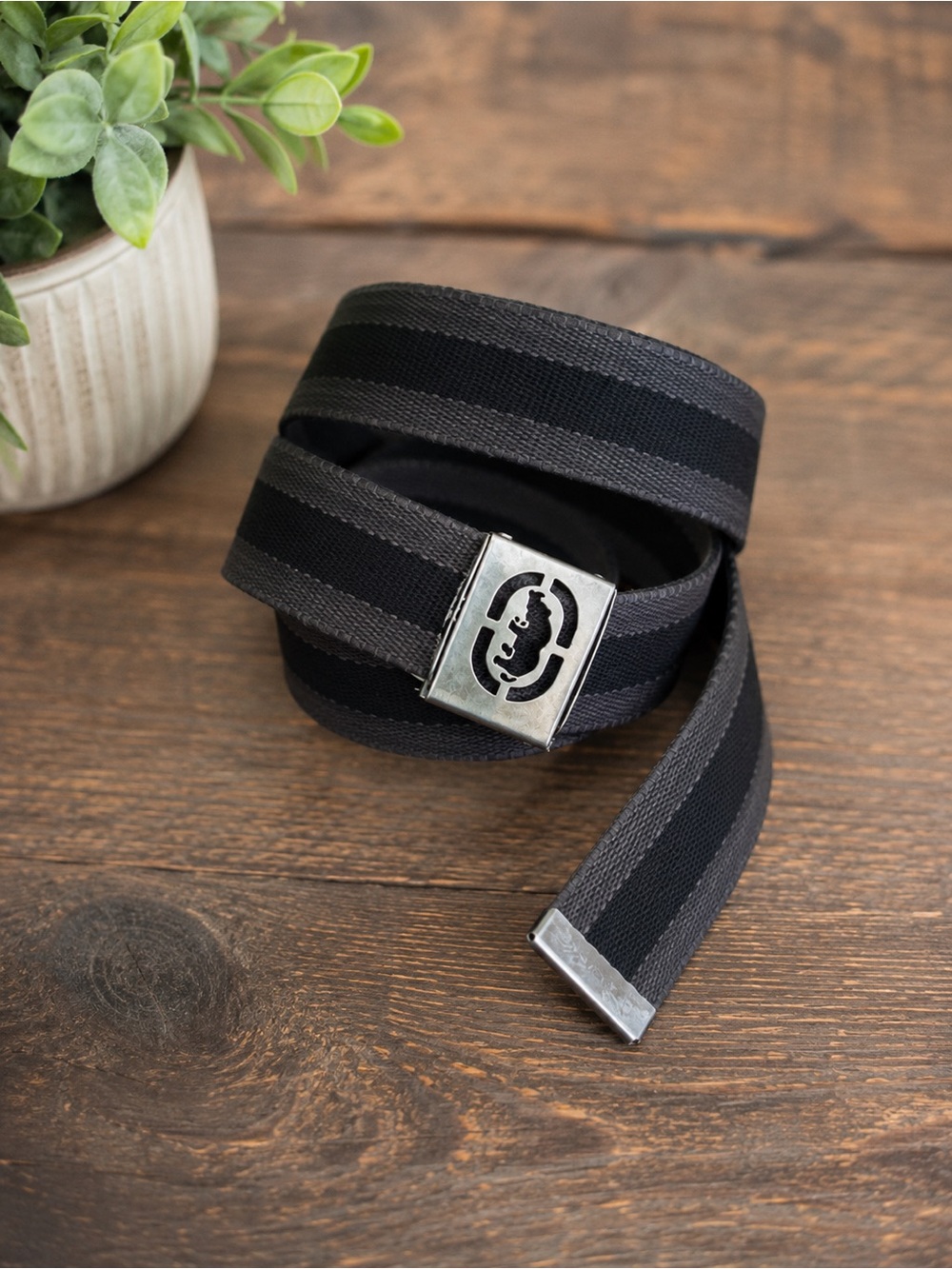 Vintage Ecko Unltd Grey Striped Canvas Web Belt 44" Silver Rhino Buckle M 36-38
